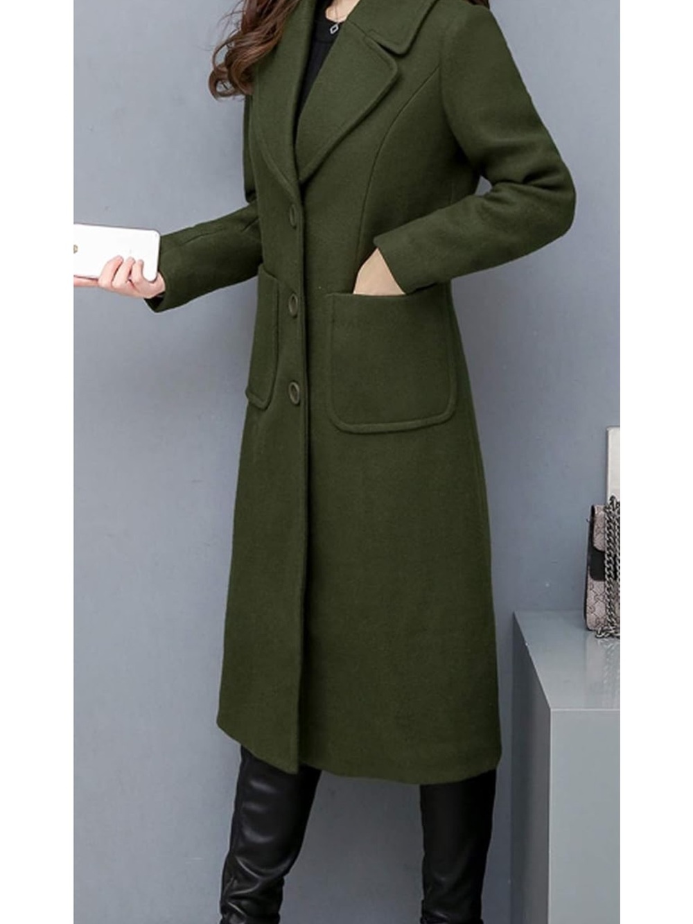 Olive Green Long Wool-Blend Trench Coat